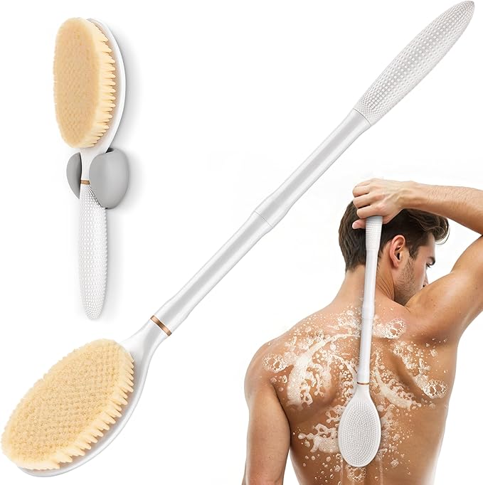 New Back Scrubber Anti-Slip for Shower, 18.9‘’ Adjustable Shower Back Scrubber with Dual-Side Head & Soft Bristles, Extra-Long Shower Brush Bath Brush for Lathering Cleansing(White-L)