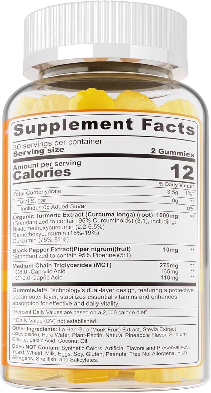 Turmeric Gummies 1000mg w/MCT Oil C8 C10, Organic Antioxidant, Turmeric Curcumin Supplement with Black Pepper Extract, Support Comfort, Boost Energy, Ultra Absorption, Sugar Free, 60 Cts