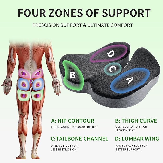 Memory Foam Seat Cushion for Office Chair Car Seat Ergonomic Chair Cushion Desk Chair Cushion for Sciatica Tailbone Hip Support Non‑Slip for Office Chairs Desk Accessories (Black)