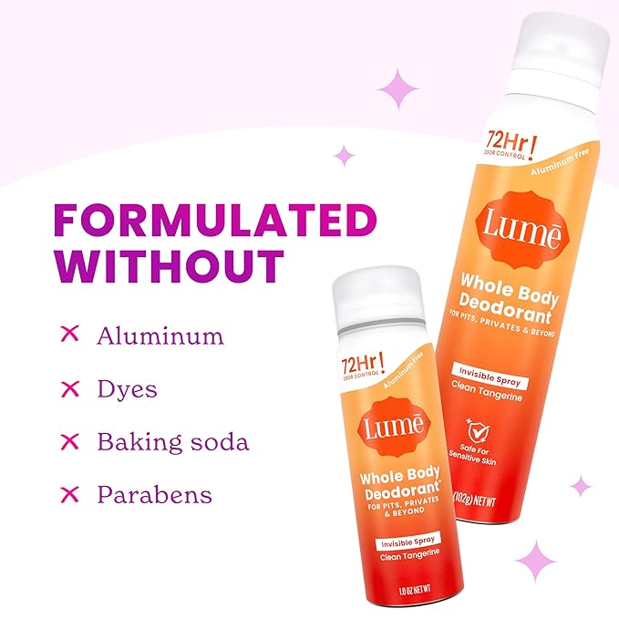 Lume Invisible Spray Deodorant For Women - Deodorant Spray + Mini Bundle - 72 Hr Odor Control - Ozone Friendly - Aluminum & Baking Soda Free, Skin Loving - 3.6 ounce + 1.0 ounce Mini (Clean Tangerine)