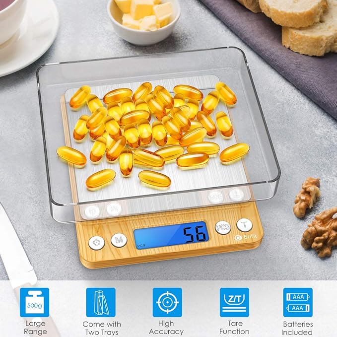 AMIR Digital Kitchen Scale, 500g Mini Pocket Jewelry Scale, Cooking Digital Food Scale with Back-Lit LCD Display, 2 Trays, 6 Units (Battery Included)