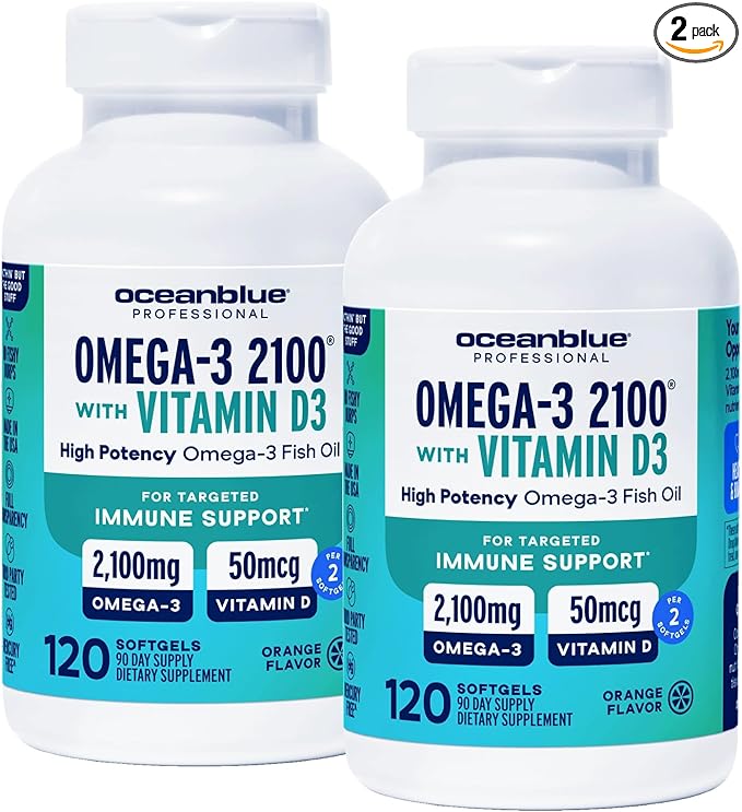 Oceanblue Professional Omega-3 2100 with Vitamin D3 – 120 ct - 2pack – Triple Strength Burpless Fish Oil Supplement with High-Potency EPA, DHA, DPA and Vitamin D3 – Wild-Caught – Orange Flavor