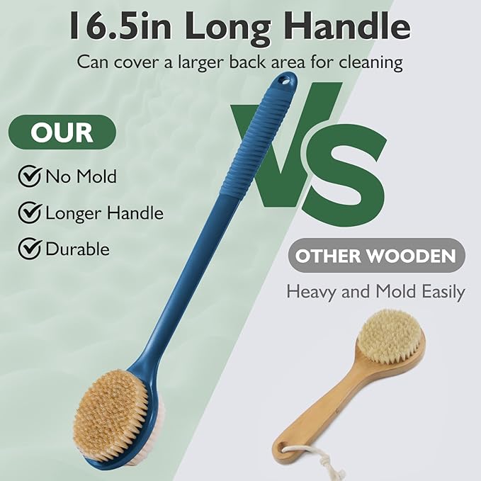 VANZAVANZU 17 Inch Back Scrubber for Shower, Anti-Slip Long Handle Shower Brush with Soft and Stiff Bristles, Exfoliating Bath Brush for Wet or Dry Brushing (Navy Blue)