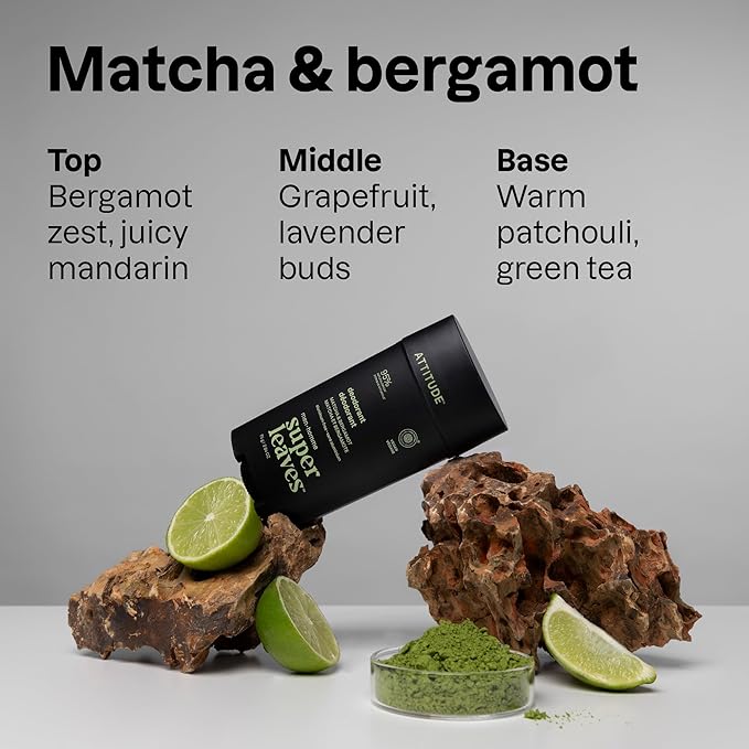 ATTITUDE Aluminum-Free Deodorant for Men, 95% Natural Origin Ingredients, EWG Verified, Plant Based Odor Control, With Baking Soda, Matcha & Bergamot, 2.64 Oz