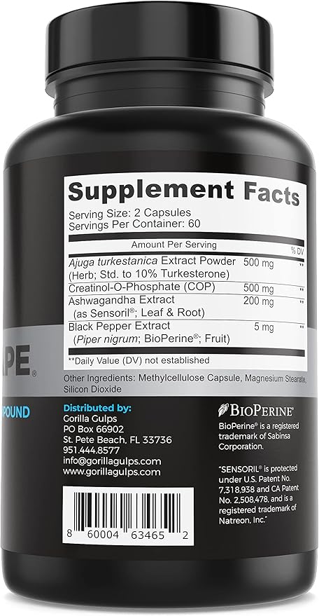 | Anabolic Ape – Enhanced Turkesterone Compound | Turkesterone, Creatinol-O-Phosphate, Ashwagandha, Bioperine | Lab Tested | 120 Vegan Capsules | Max Strength