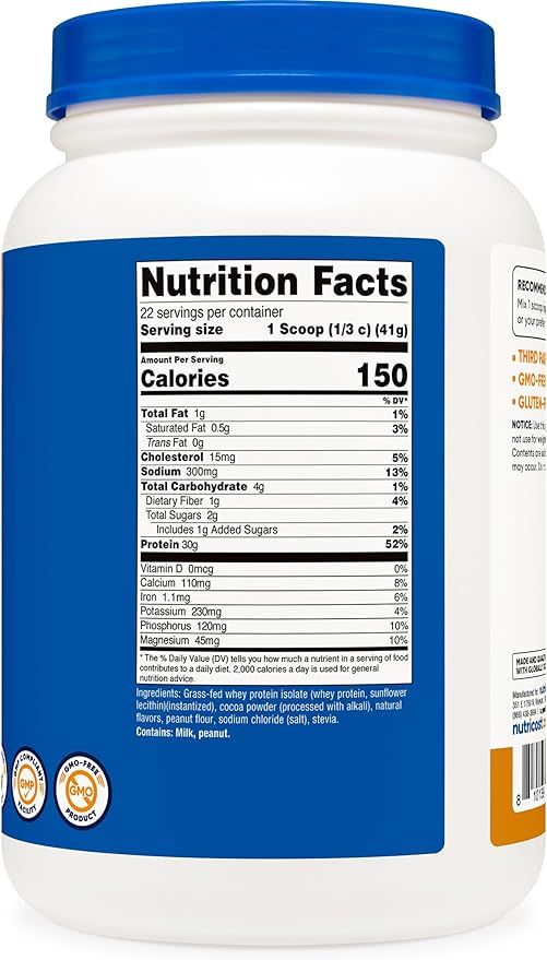 Nutricost Grass-Fed Whey Protein Isolate (Chocolate Peanut Butter) 2LBS - Non-GMO, Gluten Free, Natural Flavors