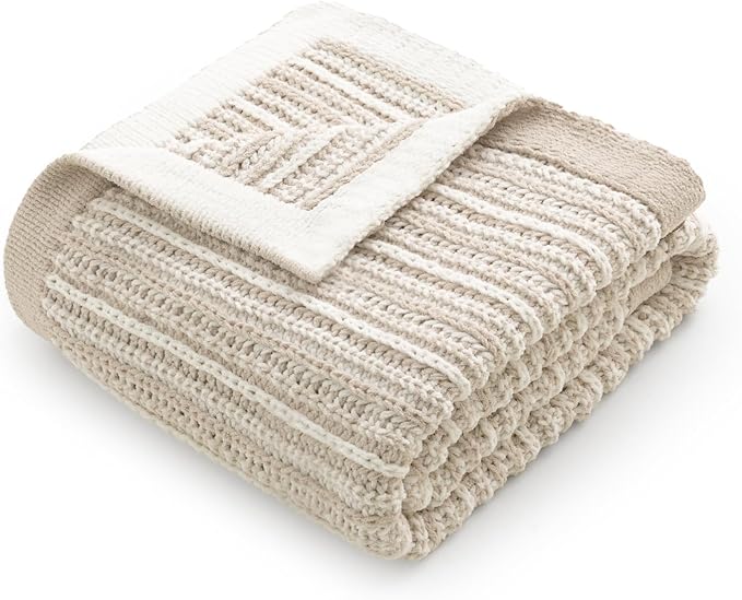 Amélie Home Chenille Striped Knit Throw Blanket for Couch Twin, Reversible Soft Cozy Knit Blanket Lightweight Warm Decorative Throw for Sofa, Bed, Living Room, 50"x60", Khaki & White