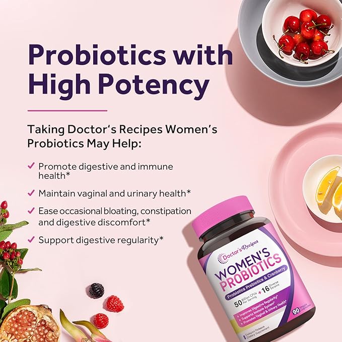 Doctor's Recipes Women’s Probiotic, 90 Caps 50 Billion CFU 16 Strains, with Organic Cranberry, Digestive Immune Vaginal & Urinary Health, Shelf Stable, Delayed Release, No Soy Gluten Dairy