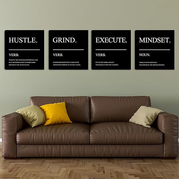 Inspirational Canvas Wall Art Quotes Motivational Hustle Wall Decor Office Print Pictures for Men Wall Decor Poster Framed Artwork Home Decor Ready to Hang 20"x20"x4pcs
