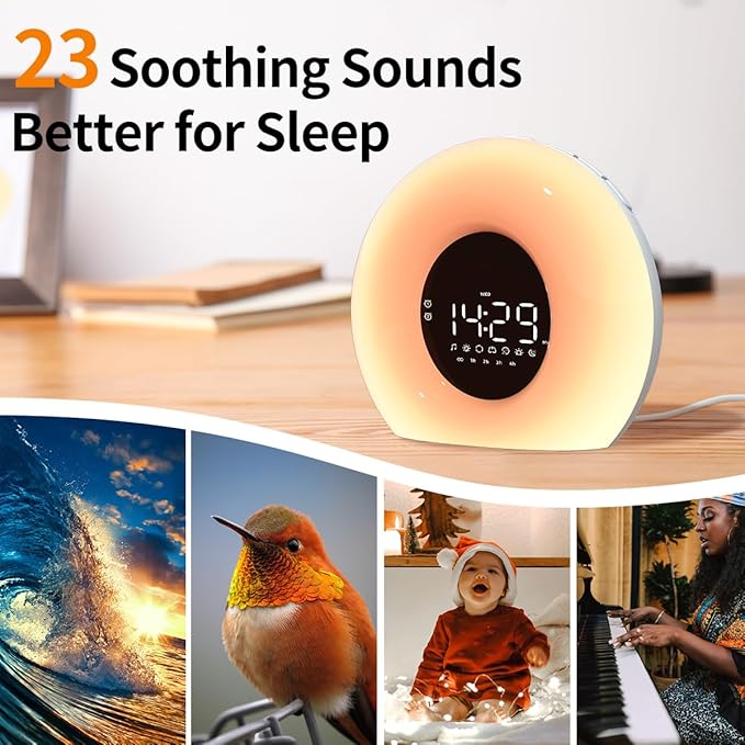 Wake Up Light Sunrise Alarm Clock for Bedroom Sunrise Sunset Simulation 23 Natural Sounds 13 Colors Light Dual Alarms and Snooze Function Sleep Aid for Heavy Sleepers Kids Adults (White)