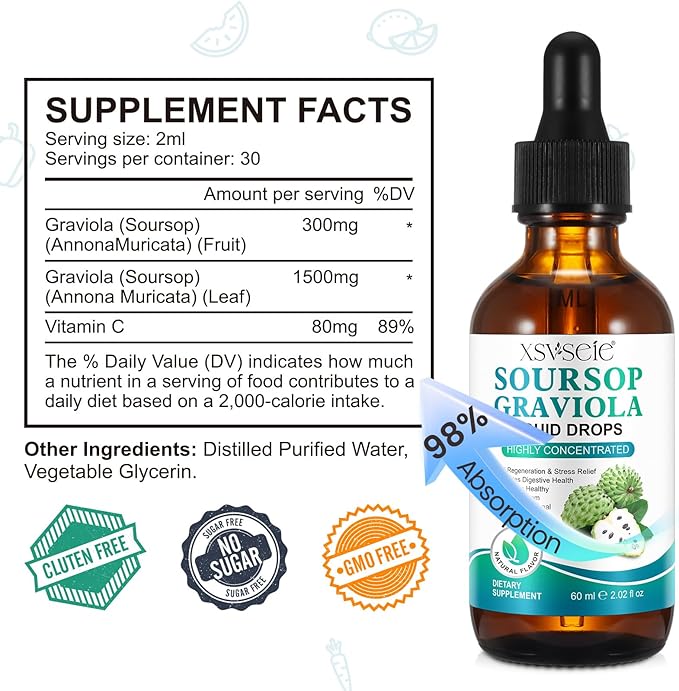 Soursop Bitters Liquid, Soursop Graviola Liquid Drops Natural Multivitamin Soursop Leaf Extract Drops Soursop Oil for Men & Women