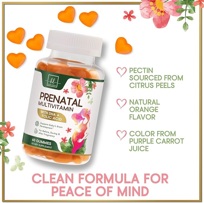 Prenatal Vitamins for Women with DHA & Folic Acid - Best Prenatal Multivitamin Gummies for Women, Brain Development Support, Folate, Vitamin C, D3 & B12, Pre Natal Pregnancy Supplement - 60 Gummies