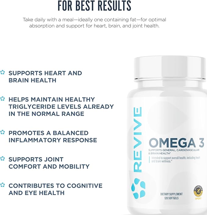 Revive MD Omega 3 Fish Oil Supplements for Men & Women - Omega 3 Softgels with EPA & DHA Fatty Acids for Healthy Skin & Joints, Heart & Brain Support - Vegan-Friendly, Gluten-Free - 120 Softgels