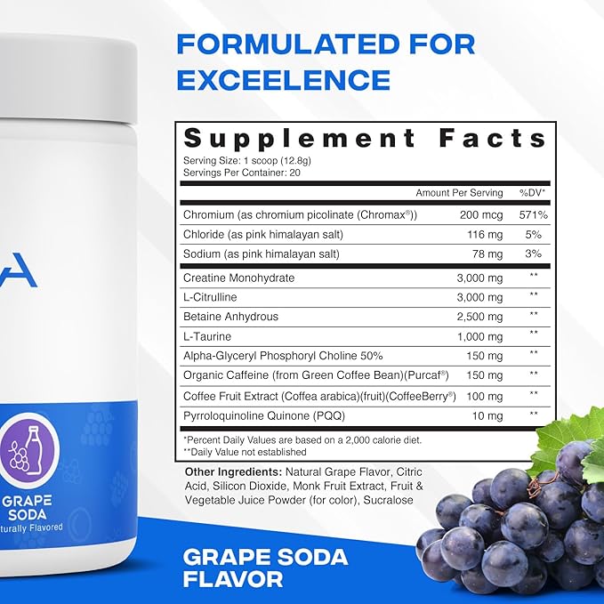 XEELA Pre Workout Powder - Clean & Tested - Jitter Free, Safe, and Natural - Increase Thermogenic Energy, Focus, and Endurance w/Creatine, Organic Caffeine, and Plant Based Citrulline (Grape Soda)