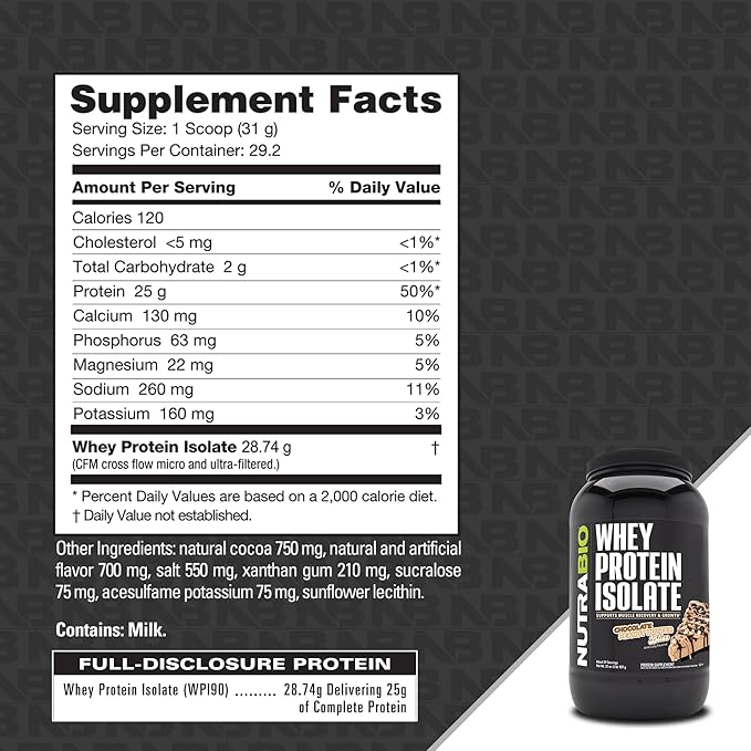 NutraBio 100% Whey Protein Isolate Protein Powder, 25g Protein with Complete Amino Acid Profile, Non-GMO, Soy & Gluten Free, Low Carb, Low Calorie Whey Protein Powder, Chocolate Peanut Butter, 2 Lbs