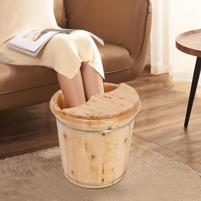 Wooden Footbath Bucket with Lid, Foot Bath with Stool Foot Massager Tub Basin Wooden Pedicure Soak to Relieve Stress Pedicure Bowl Footbath Barrel for for Home Spa Experience (Wood)