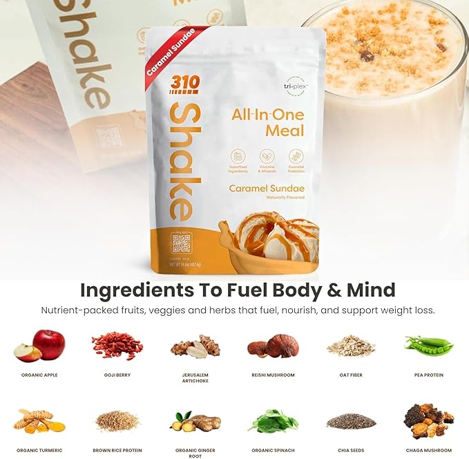 310 Nutrition All-In-One Meal Replacement Shake Powder - Plant-Based Protein Smoothie Blend w/High Fiber, Probiotics & Adaptogens - Low Carb, Vegan, Keto & Paleo Friendly - Caramel Sundae - 14 Srv