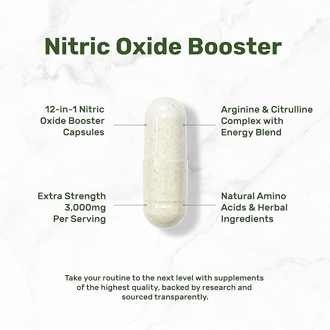 Nitric Oxide Booster 3,000mg Per Serving, 300 Capsules – 12 in 1 Nitric Oxide Supplement – Arginine & Citrulline Complex with Energy Blend – Marshmallow Root – Promotes Nutrient Flow to Muscles&Heart
