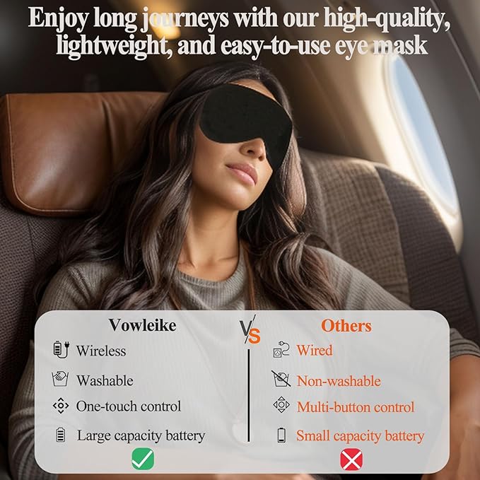 Heated Eye Mask, Vowleike Silk Cordless Washable Warm Eye Compress for Dry Eyes, Electric Temperature Controllable Eye Heating Pad for Stye, Drain and Fatigue Eyes, Thoughtful New Year Gift (Black)