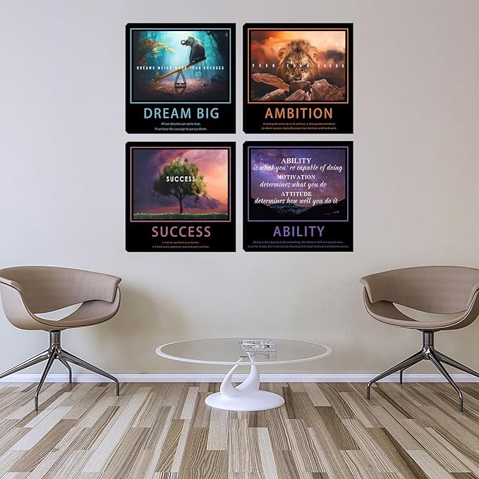 Motivational Wall Decor Art Office Wall Decor Inspirational Wall Art Success Canvas Paintings Quotes Posters Wall Picture 4 Pieces Framed Artwork Living Room Bedroom Home Decoration 12"x12"x4pcs