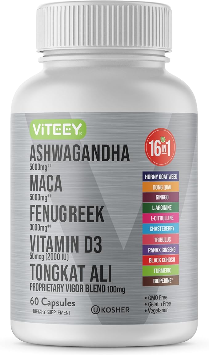 Viteey Ashwagandha Maca Fenugreek Supplement with Tongkat Ali – Drive, Passion & Energy Support for Men & Women – Mood, Calm & Stress Support - 60 Capsules