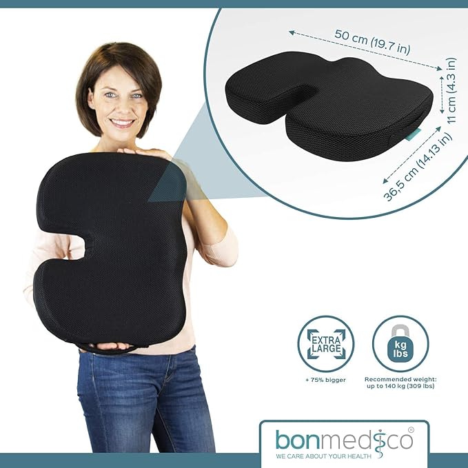bonmedico Orthopedic Seat Cushion X-Large – Gel & Memory Foam Chair Cushion for Tailbone Sciatica Coccyx Lower Back Support – Ergonomic Office Chair Pillow Car Seat Cushion Wheelchair & Travel Cushion