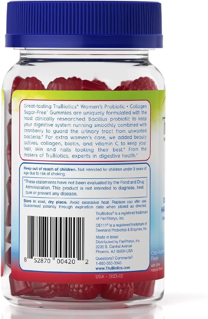TruBiotics Probiotic Gummies with Collagen for Womens Digestive/Urinary/Hair/Skin/Nails Health, Sugar Free Prebiotics & Probiotics for Women, Collagen, Biotin, Vitamin C & Cranberry Extract, 50 Count