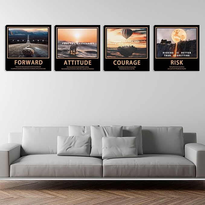Motivational Quotes Wall Art 4 Pieces Posters Room Decor for Men Canvas Wall Art for Office Inspirational Picture Wall Decor Canvas Wall Painting Prints Home Decoration Framed Artwork 16"x16"x4pcs