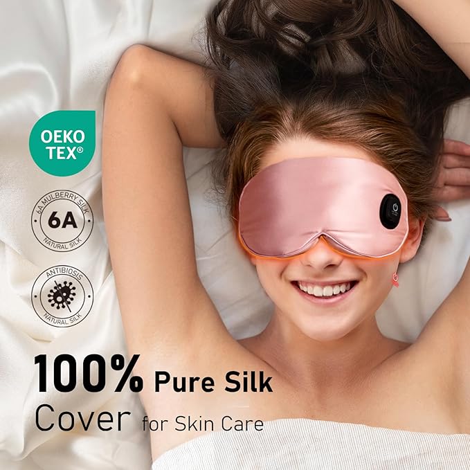 LitBear Heated Eye Mask, Silk Cordless Warm Eye Compress for Dry Eyes, Light Blocking Heat Eye Mask for Women Men, Soft Eye Heating Pad for Dry Eyes, Travel, Rechargeable, Washable Cover (Pink)
