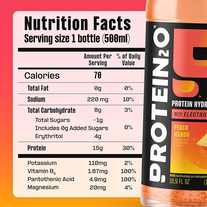 Protein2o 15g Whey Protein Infused Water, Peach Mango, 16.9 Oz Bottle (Pack of 12)