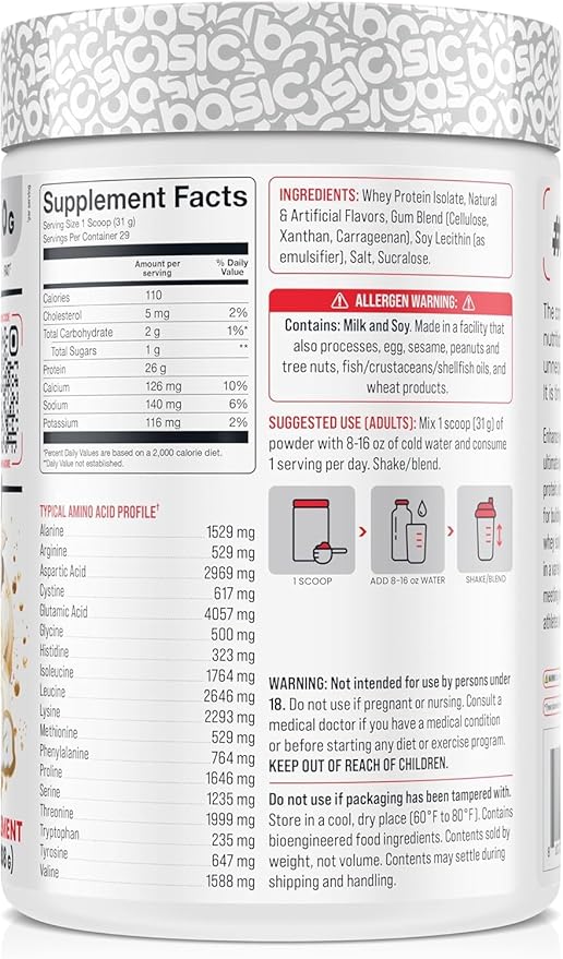 Basic Whey Protein Isolate, 26g Protein, 0g Fat, Gluten-Free, RBST-Free, Rapid Absorption, 110 Calories (2 Pound, Vanilla)