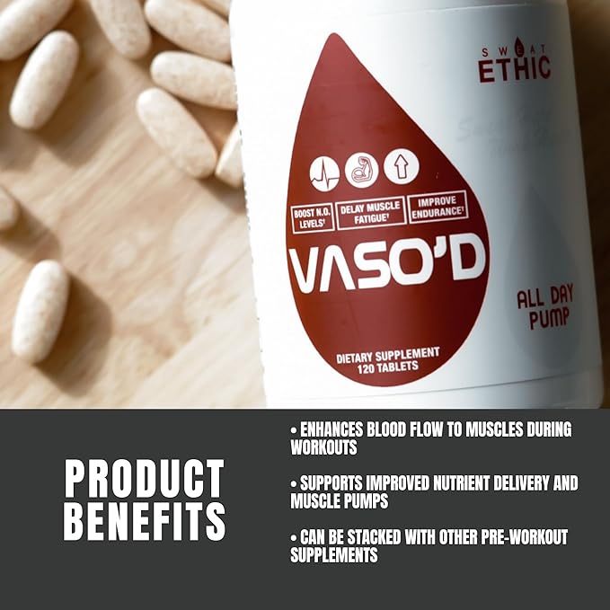 VASO'D Vasodilator, Non-Stim Performance Formula with S7 Plant Blend, CarnoSyn Beta-Alanine, and Capros Indian Gooseberry, Supports Oxygen Flow & Endurance for Men and Women, 120 Capsules