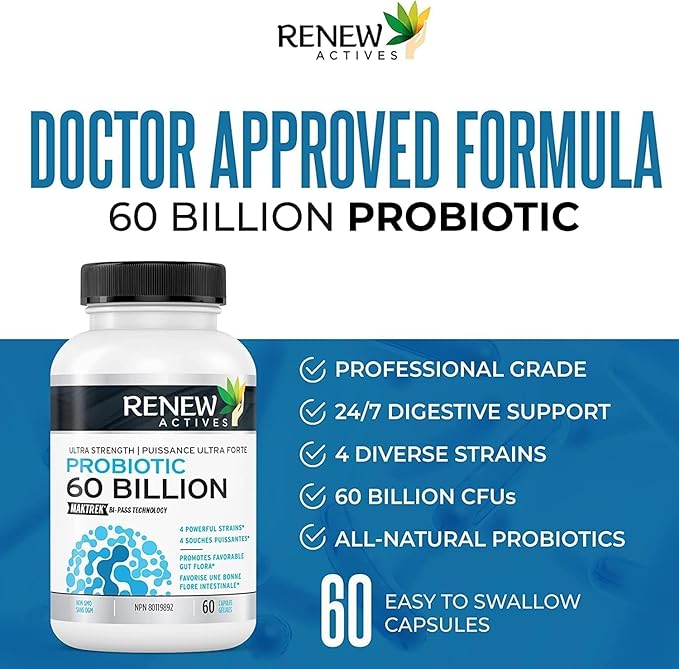 Renew Actives Probiotic Supplement for Digestive Health 60 Billion CFU per 2 Capsules - Advanced Formula with Prebiotic Benefits - Supports Gut Flora Balance & Wellness - Made in Canada - 60 Capsules