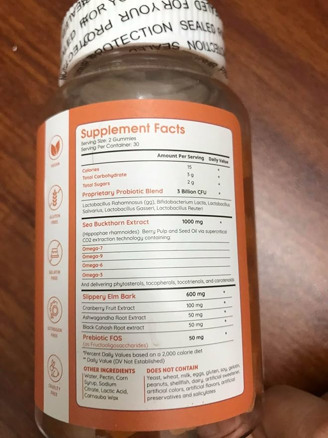 Muun Vaginal Dryness Gummy for Perimenopause Menopause with Slippery Elm Bark, Omega 6, 7, & 9, 3 Billion CFUs Probiotic, Prebiotic- Estrogen Free, Hormone Free Vaginal Moisturizer