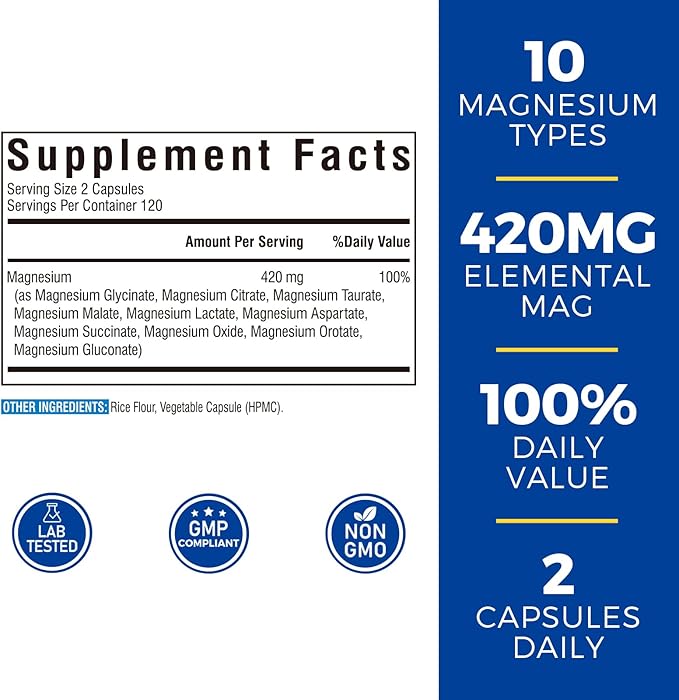 10 in 1 Magnesium Complex, 420mg Elemental Magnesium | Ultra Strength, Max Absorption | Chelated Magnesium Supplement for Sleep, Nerves & Heart Health | Non-GMO, 240 Vegan Capsules