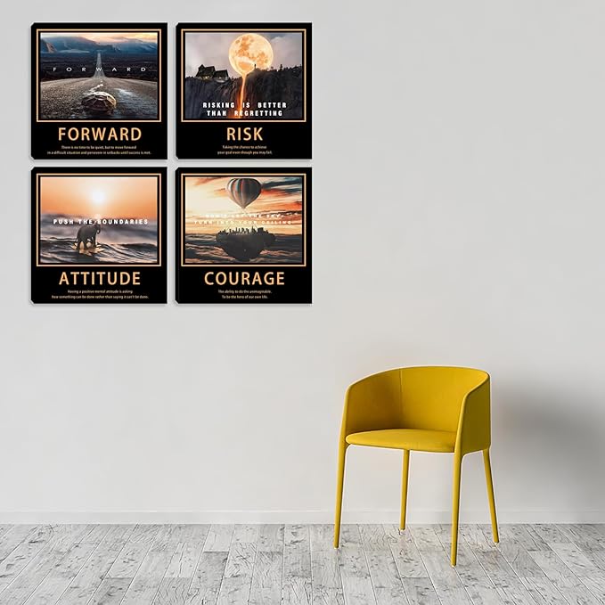 Motivational Quotes Wall Art 4 Pieces Posters Room Decor for Men Canvas Wall Art for Office Inspirational Picture Wall Decor Canvas Wall Painting Prints Home Decoration Framed Artwork 16"x16"x4pcs