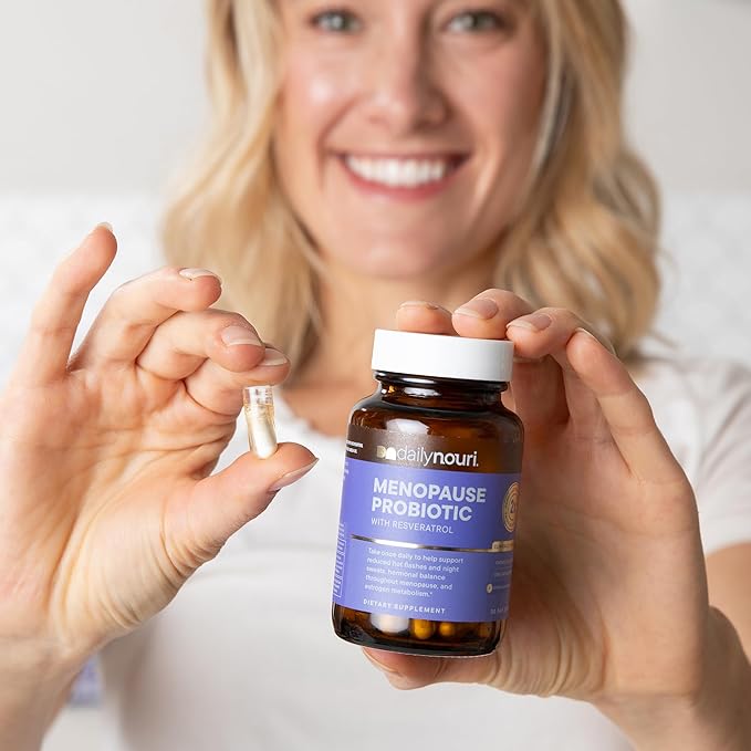 Daily Nouri Menopause Probiotic | Supports Hormonal Balance, Estrogen, Hot Flashes, Night Sweats, Bloating & Gut Health | 3 Clinically Studied Strains + Resveratrol & Vegan Omega Oil | 30-Day Supply