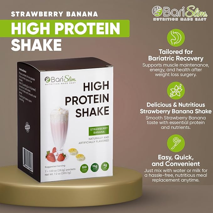 BariSlim High Protein Shake - Delicious & Nutritious Meal Replacement Shake - Low Sugar & Carb - Formulated for Bariatric Patients & Post-Weight Loss Surgery Support | Strawberry Banana Shake (9 oz)