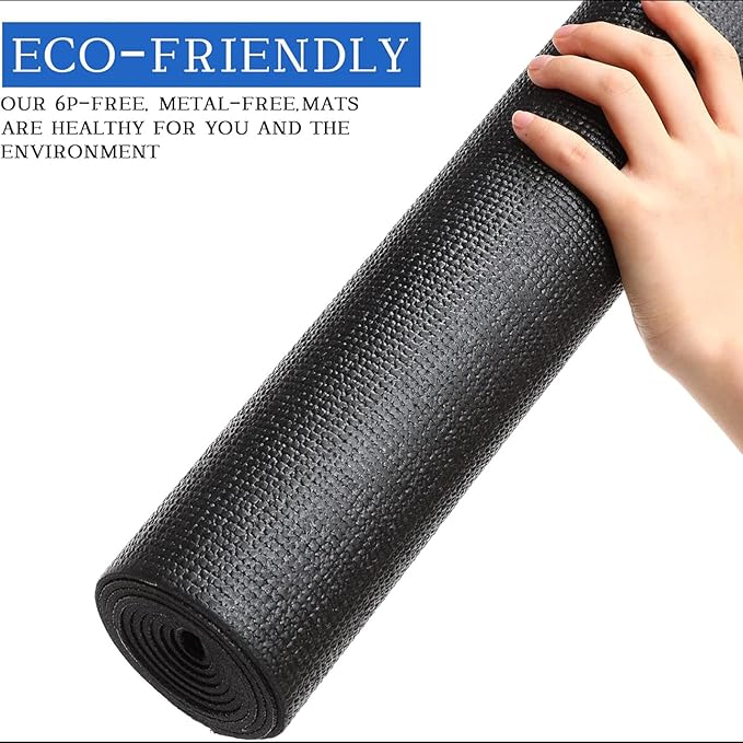 Riakrum 20 Pieces Exercise Yoga Mat Workout Mat with Strap 68 x 24 Inch Fitness Gym Mat Yoga Mat Non Slip for Women Men Gym Home Supplies(Black)