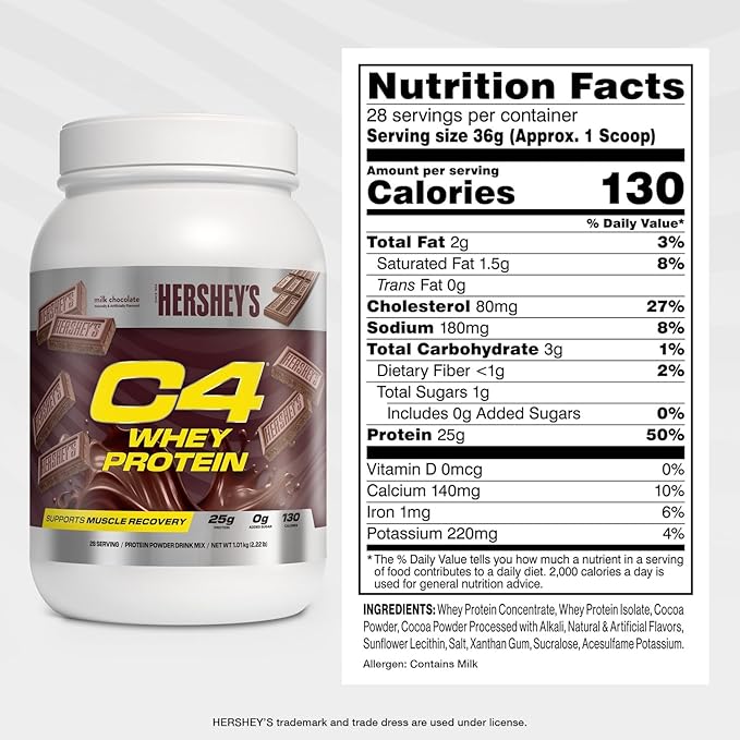 Cellucor C4 Whey Protein Powder, Hershey's Chocolate - 25g Protein, 0g Added Sugar, 130 Calories Per Serving, Supports Muscle Recovery, 28 Servings, Premium Whey for Post-Workout