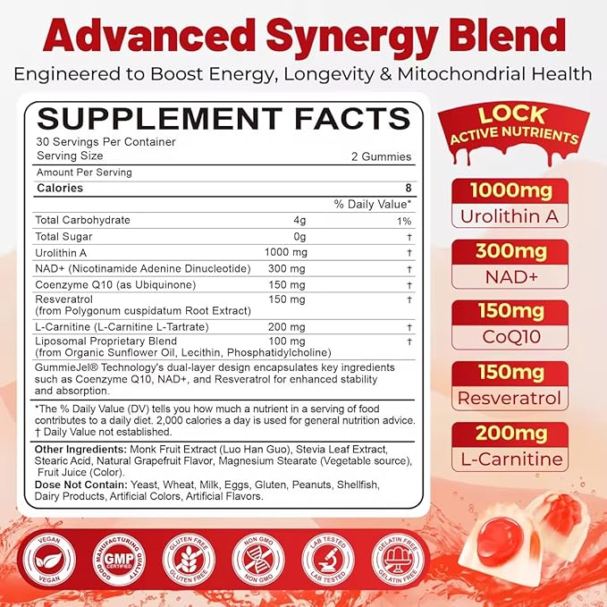 Urolithin A 1000mg Gummies with NAD+, CoQ10, Resveratrol & L-Carnitine – Liposomal Urolithin A+ Supplement for Mitochondrial & Cellular Energy, Muscle & Healthy Aging – High Absorption – Vegan, 60ct