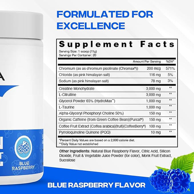 XEELA Pre Workout Powder - Clean & Tested - Jitter Free, Safe, and Natural - Increase Thermogenic Energy, Focus, and Endurance w/Creatine, Organic Caffeine, and Plant Based Citrulline (Blue Raspberry)