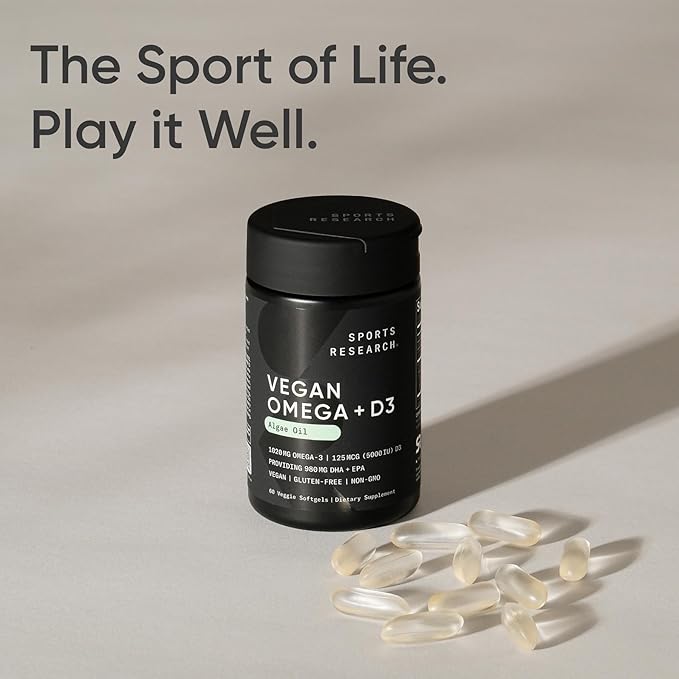 Sports Research Vegan Omega-3 with Vitamin D3 Softgels - 1020mg Omega-3 & 5000iu D3 Supplement - Fish Oil Alternative with Vitamin D - Plant-Based Support from Algae Oil - 60 Veggie Softgels for