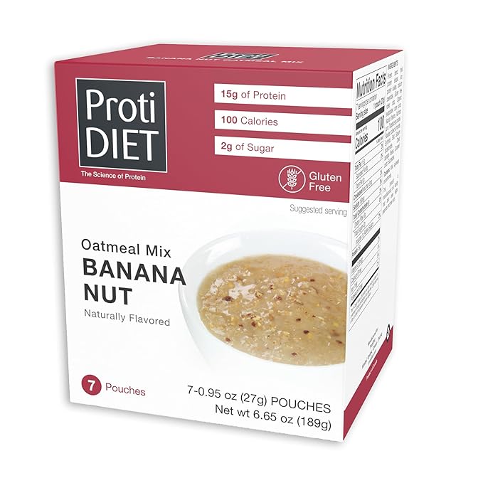 ProtiDIET High Protein Banana Nut Instant Oatmeal - Gluten Free, Rich in Fiber, Low Sugar - Easy to Digest, Healthy, and Nutritious Breakfast Protein - 7 Instant Oatmeal Packets