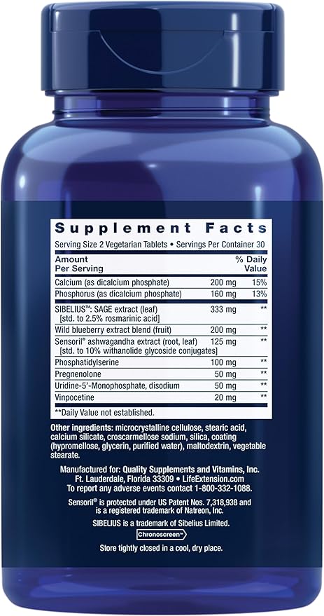 Life Extension Cognitex® Elite Pregnenolone, sage, Blueberry, ashwagandha, phosphatidylserine, Advanced Formula, Attention, Focus, Memory, Gluten-Free, Non-GMO, Vegetarian, 60 Tablets