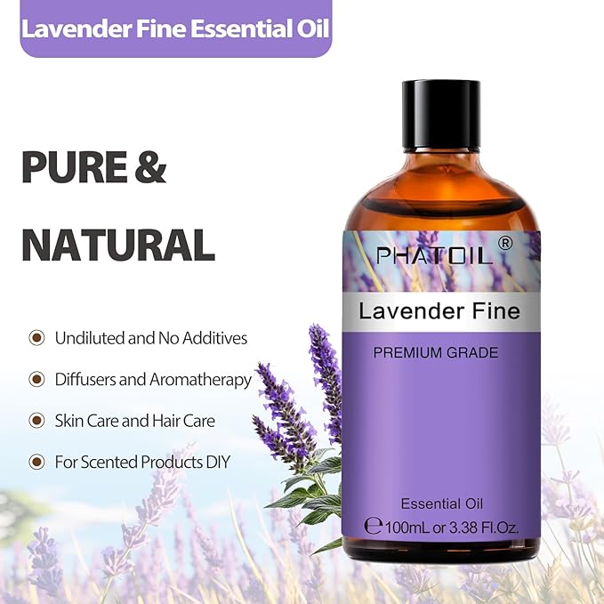 Lavender fine Essential Oil, Pure Premium Natural Oil for Hair Care, Body Skin Care, Aromatherapy, DIY Candle, Soap Making 3.38Fl Oz