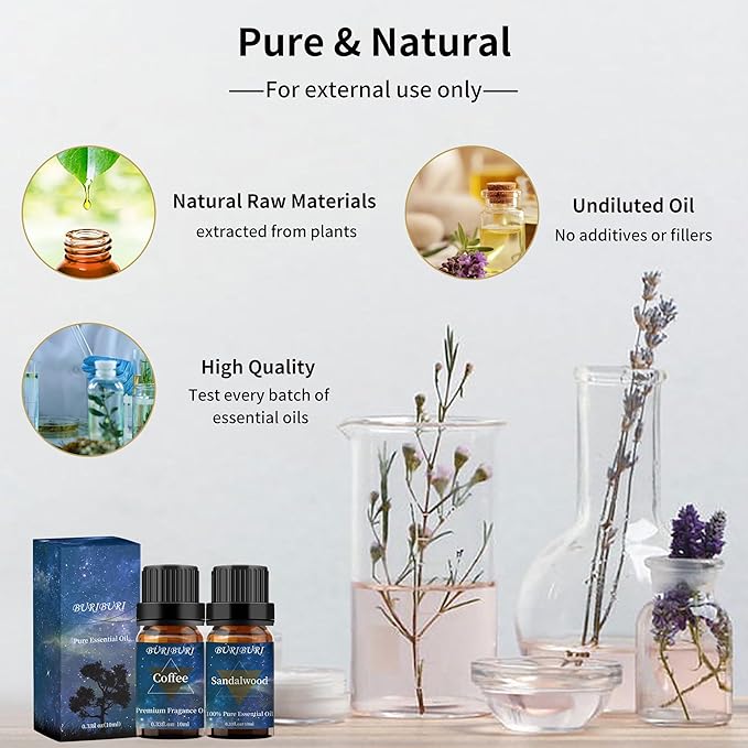 BURIBURI Sandalwood Oil Essential Oil and Coffee Essential Oil 10ml, 100% Pure Coffee Fragrance Oil for Diffuser, Massage