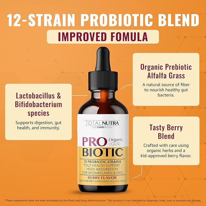USDA Organic Liquid Probiotic for Kids, Women & Men, Toddler Probiotic Drops with Alfalfa Prebiotic Blend + Acidophilus for Gut Health, Vegan, Non-GMO, Dairy, Gluten & Sugar Free
