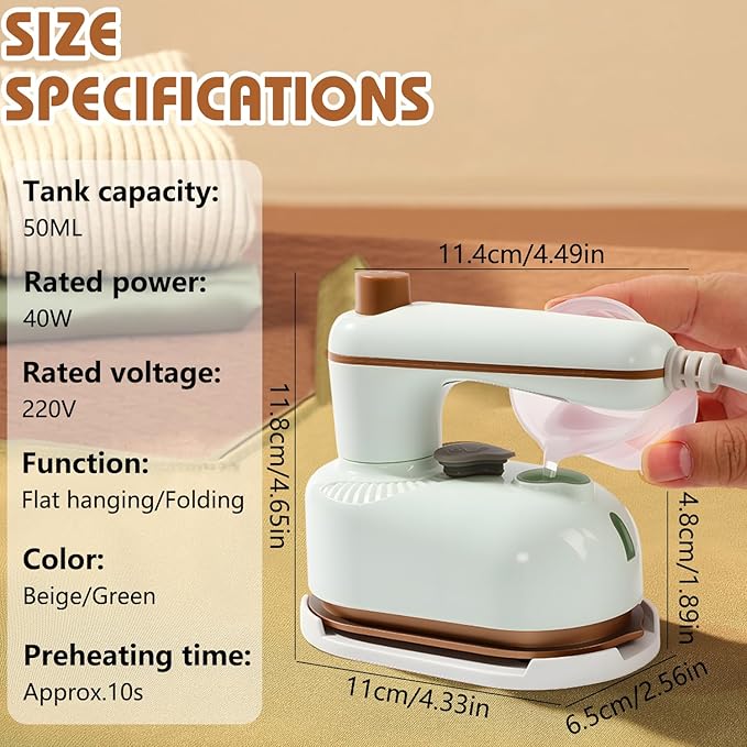 Handheld Portable Steam Iron,Saker Portable Steamer for Clothes,2-In-1 Steamer and Iron,180° Swivel Handle,Lightweight & Compact, Mini Travel iron for Home, Dorm (Green)