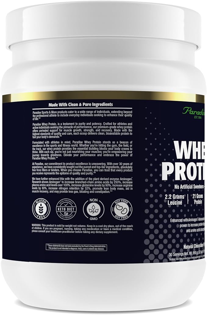 Paradise Herbs 100% Whey Protein Powder, Chocolate, 21g Protein, 5.5 BCAA's, 2.2g L-Leucine, 210mg Aminogen, 30 Servings